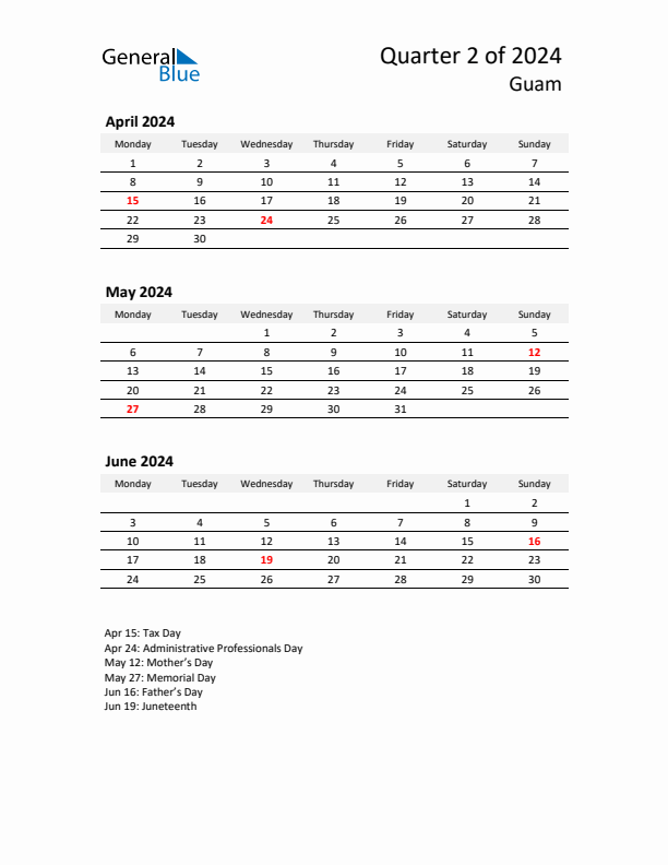 2024 Three-Month Calendar for Guam