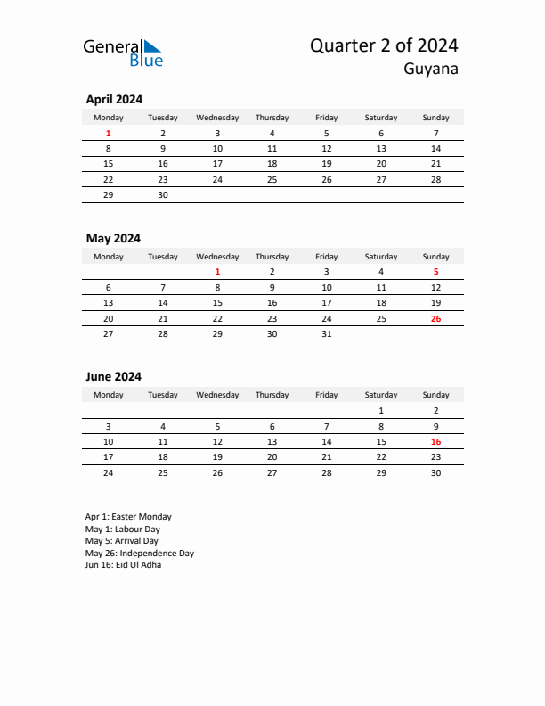 2024 Three-Month Calendar for Guyana
