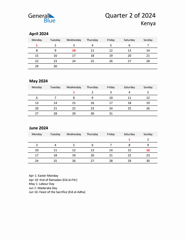 2024 Three-Month Calendar for Kenya