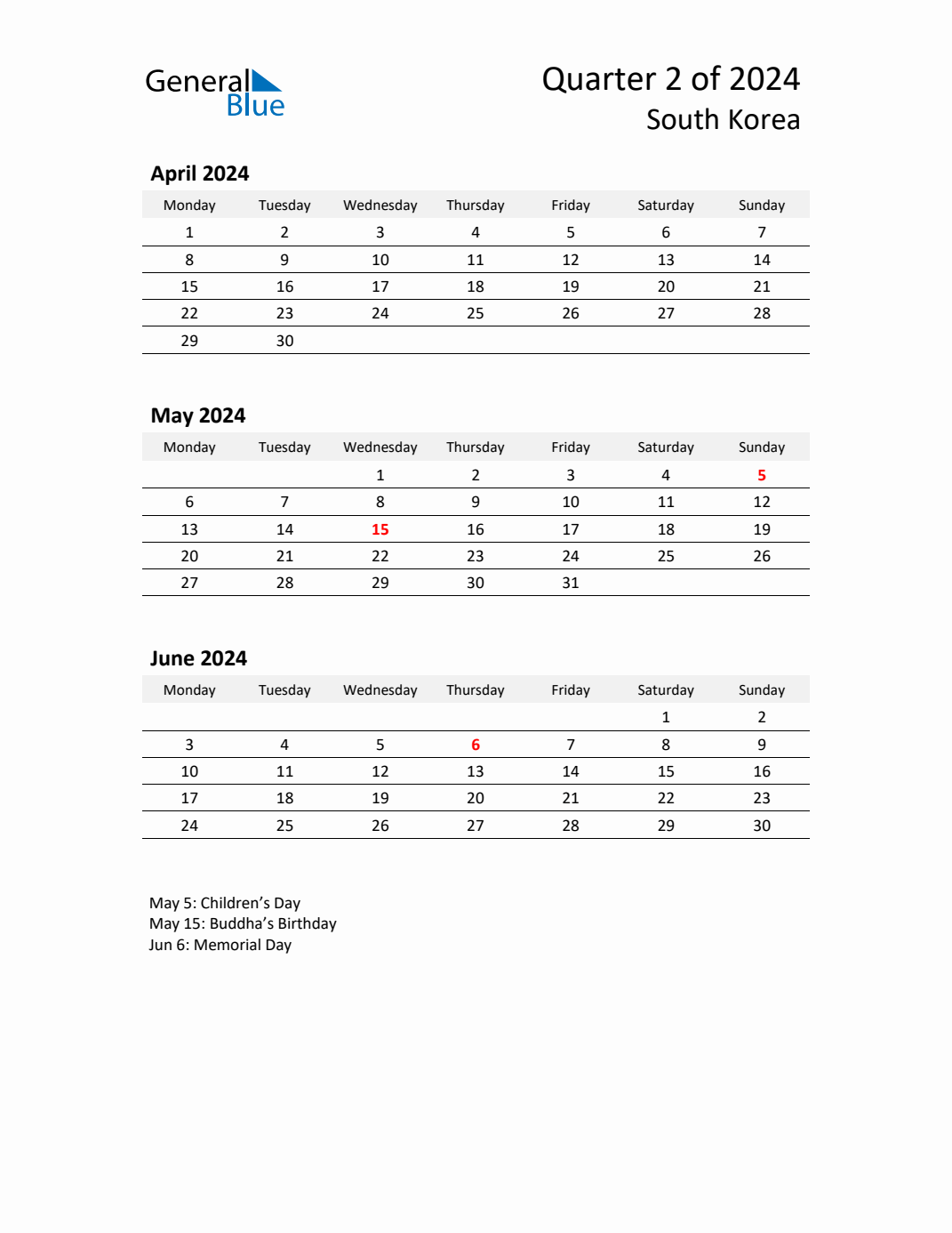 Q2 2024 Monday Start Quarterly Calendar with South Korea Holidays