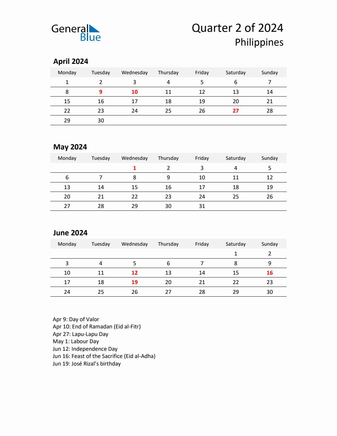 Q2 2024 Monday Start Quarterly Calendar with Philippines Holidays