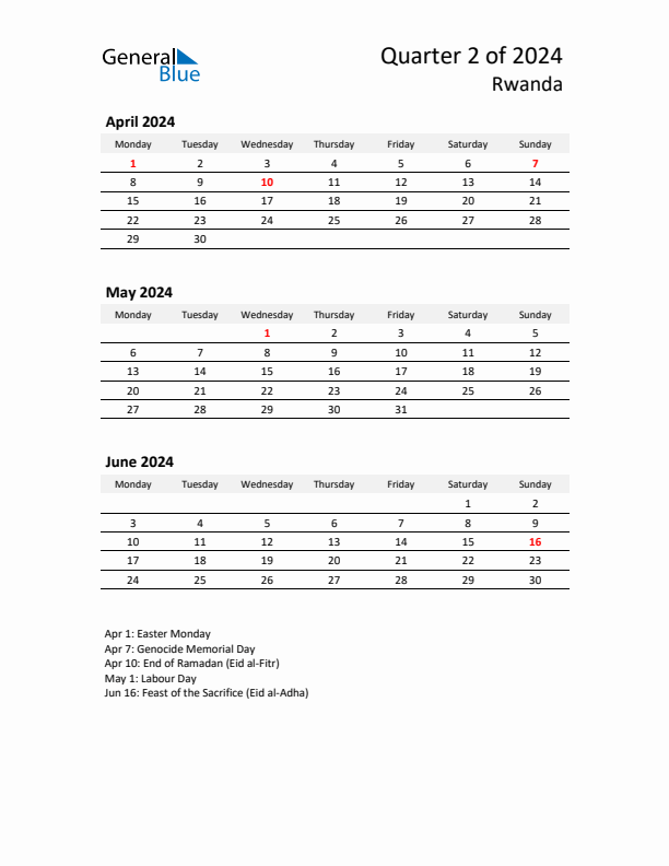 2024 Three-Month Calendar for Rwanda