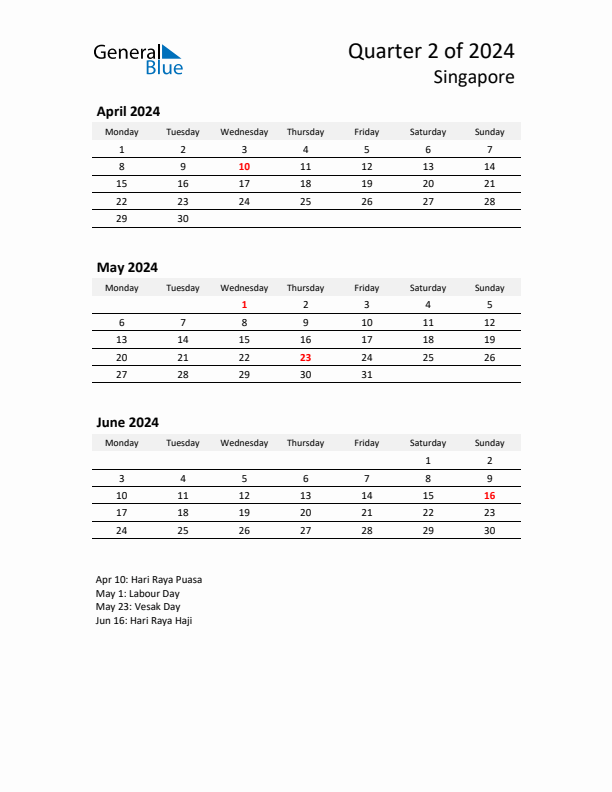 2024 Three-Month Calendar for Singapore