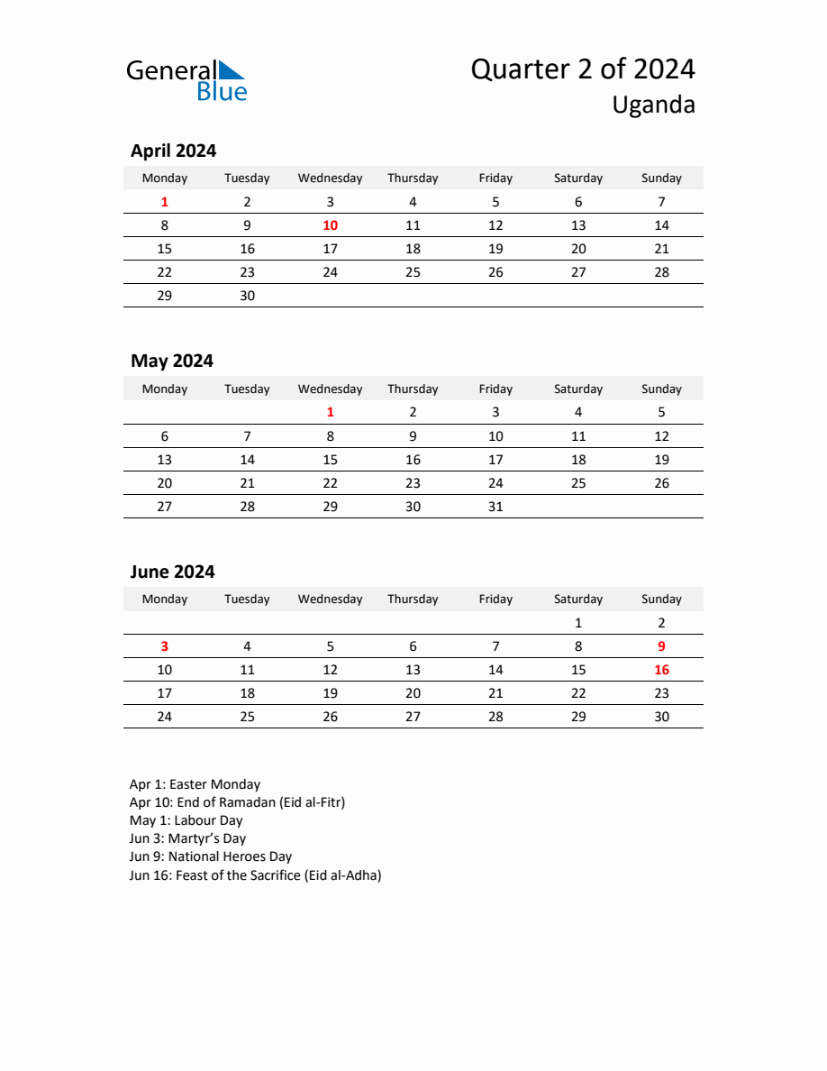 2024 ThreeMonth Calendar for Uganda