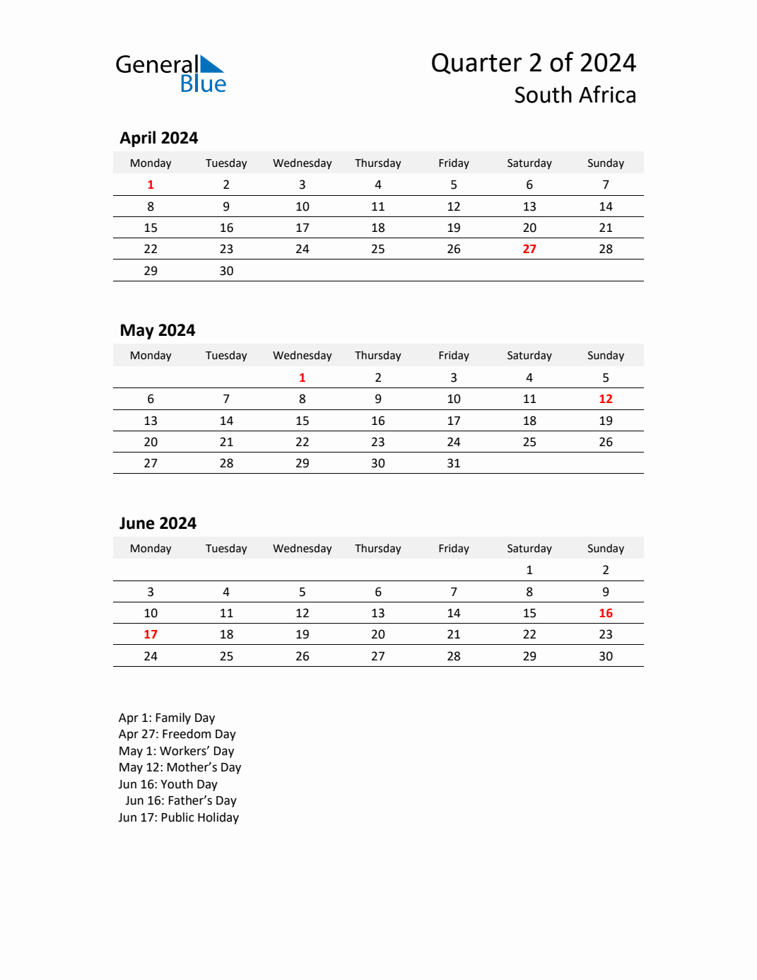 Q2 2024 Monday Start Quarterly Calendar with South Africa Holidays
