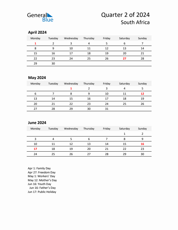 Threemonth calendar for South Africa Q2 of 2024