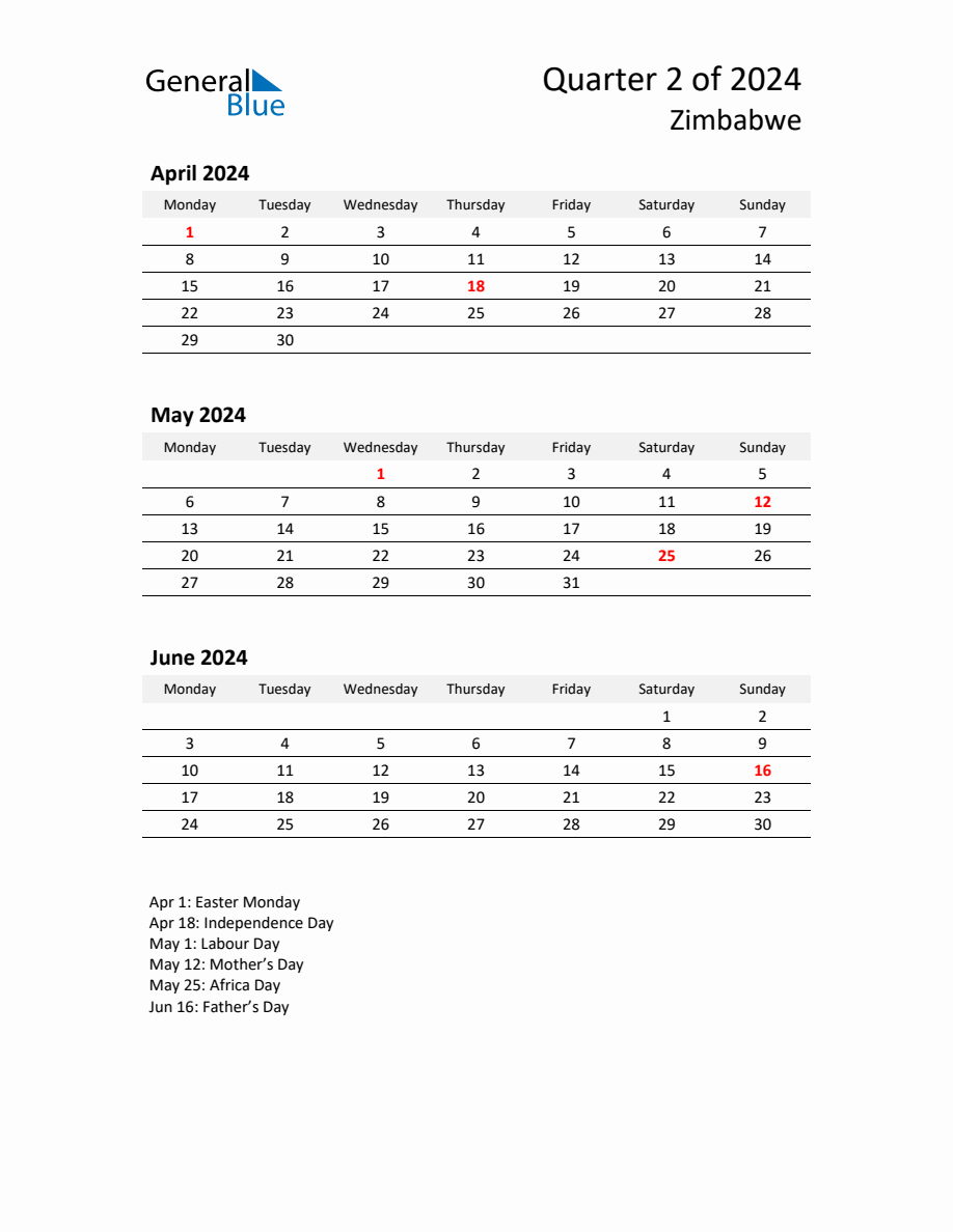 2024 ThreeMonth Calendar for Zimbabwe