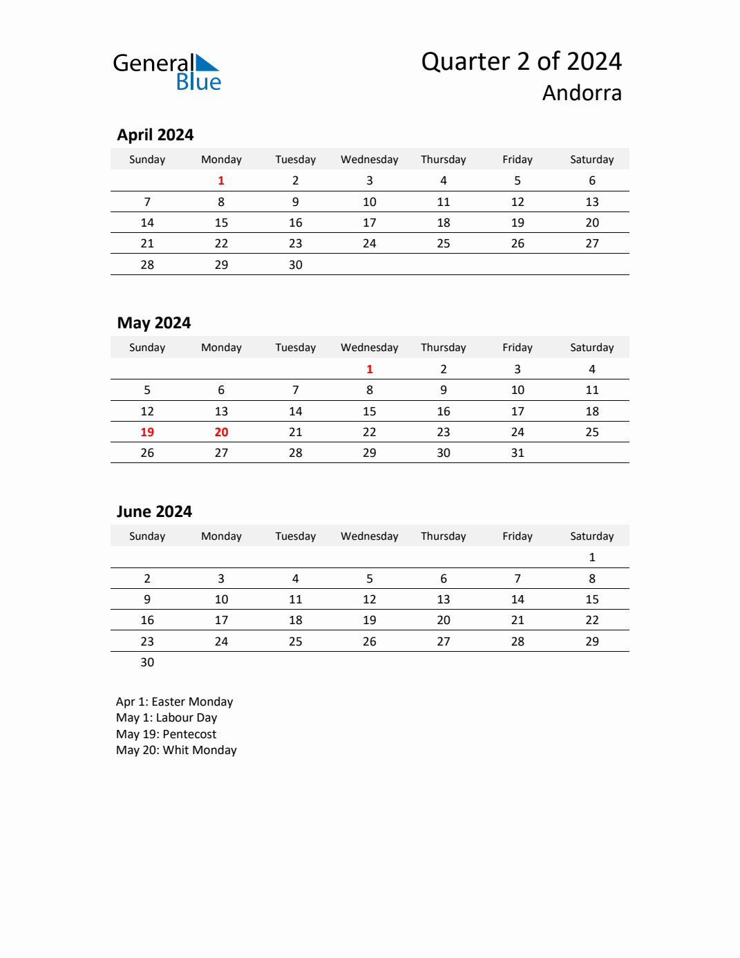 Q2 2024 Quarterly Calendar with Andorra Holidays (PDF, Excel, Word)