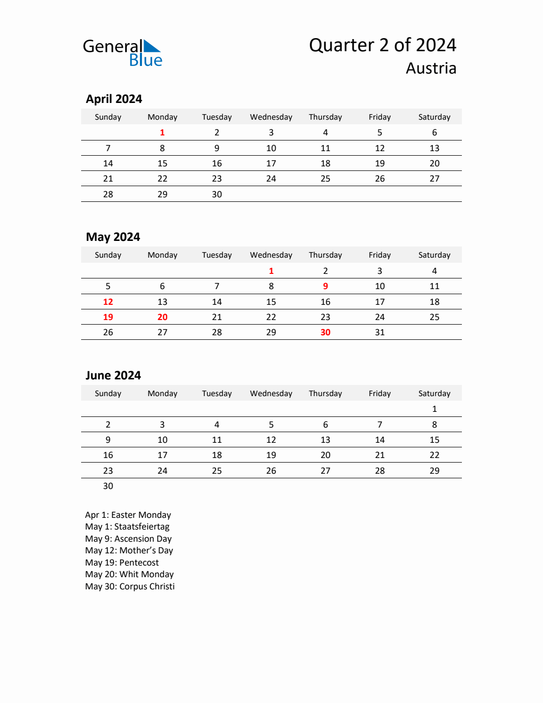 Q2 2024 Quarterly Calendar with Austria Holidays (PDF, Excel, Word)