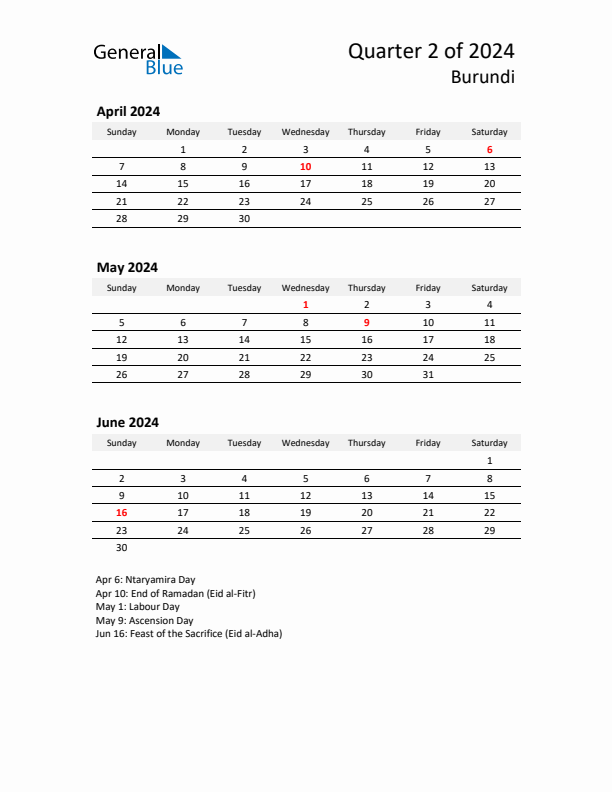 2024 Three-Month Calendar for Burundi