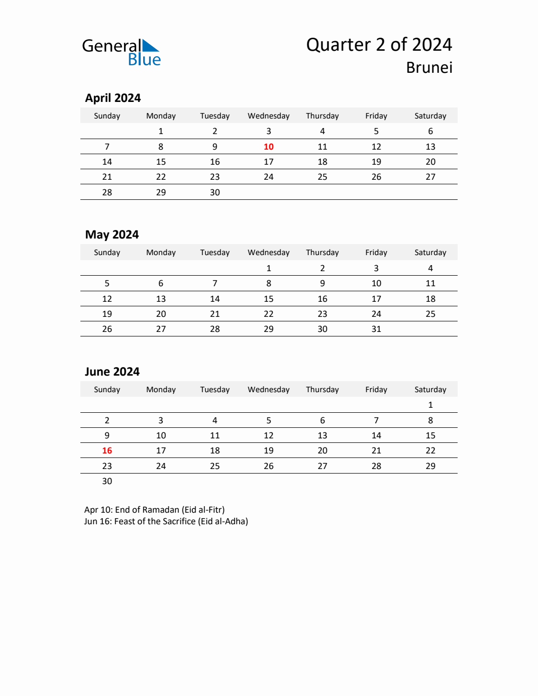 Q2 2024 Quarterly Calendar with Brunei Holidays (PDF, Excel, Word)