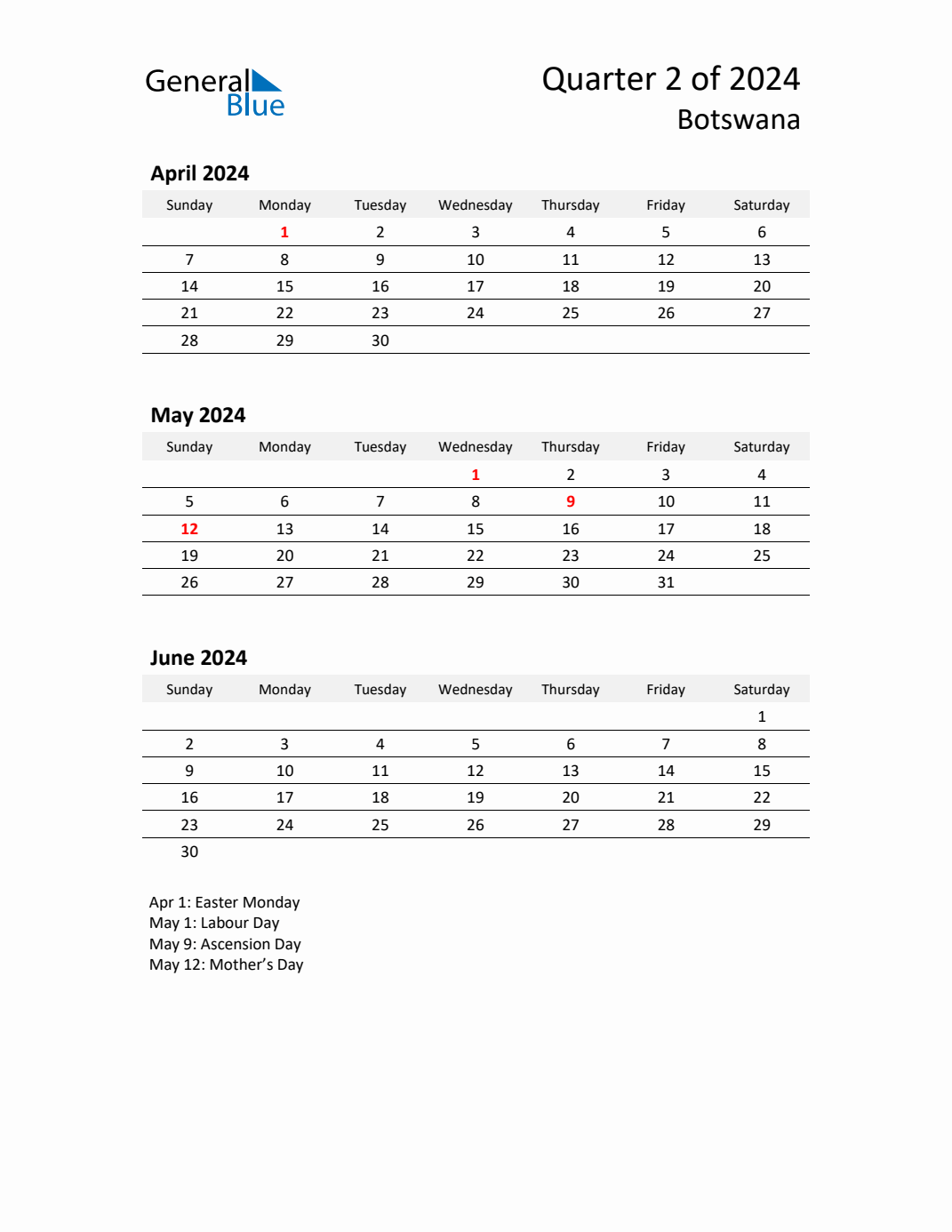 Q2 2024 Quarterly Calendar with Botswana Holidays (PDF, Excel, Word)