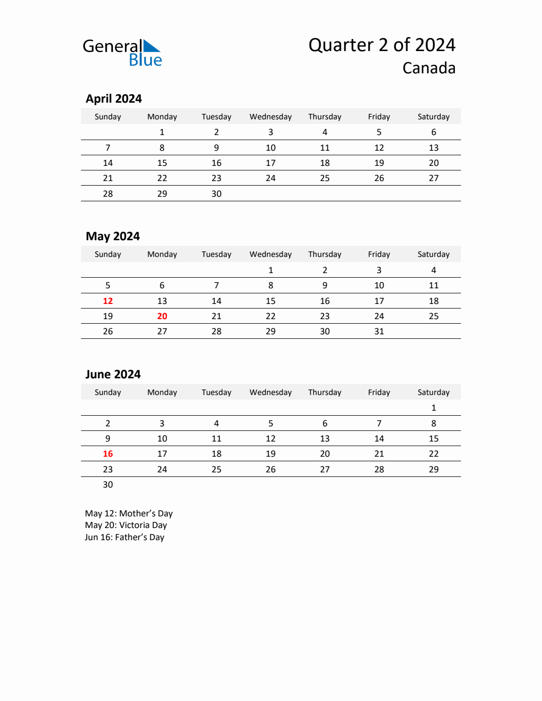 Q2 2024 Quarterly Calendar with Canada Holidays (PDF, Excel, Word)