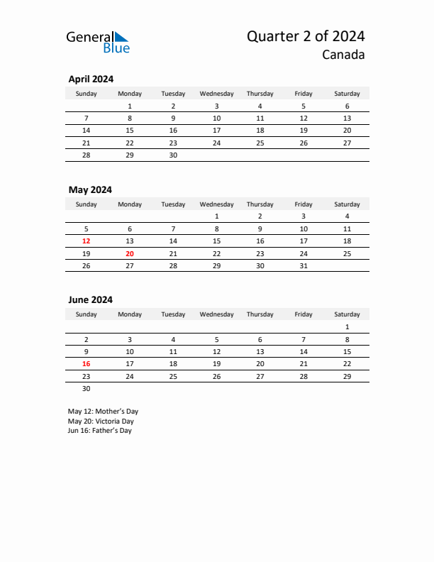 Q2 2024 Quarterly Calendar with Canada Holidays (PDF, Excel, Word)