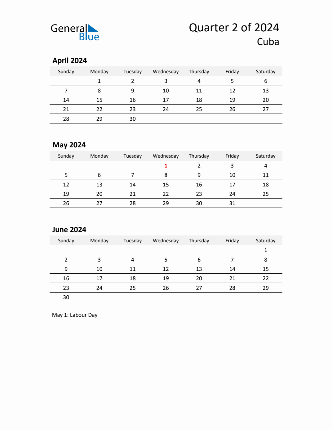 Q2 2024 Quarterly Calendar with Cuba Holidays (PDF, Excel, Word)