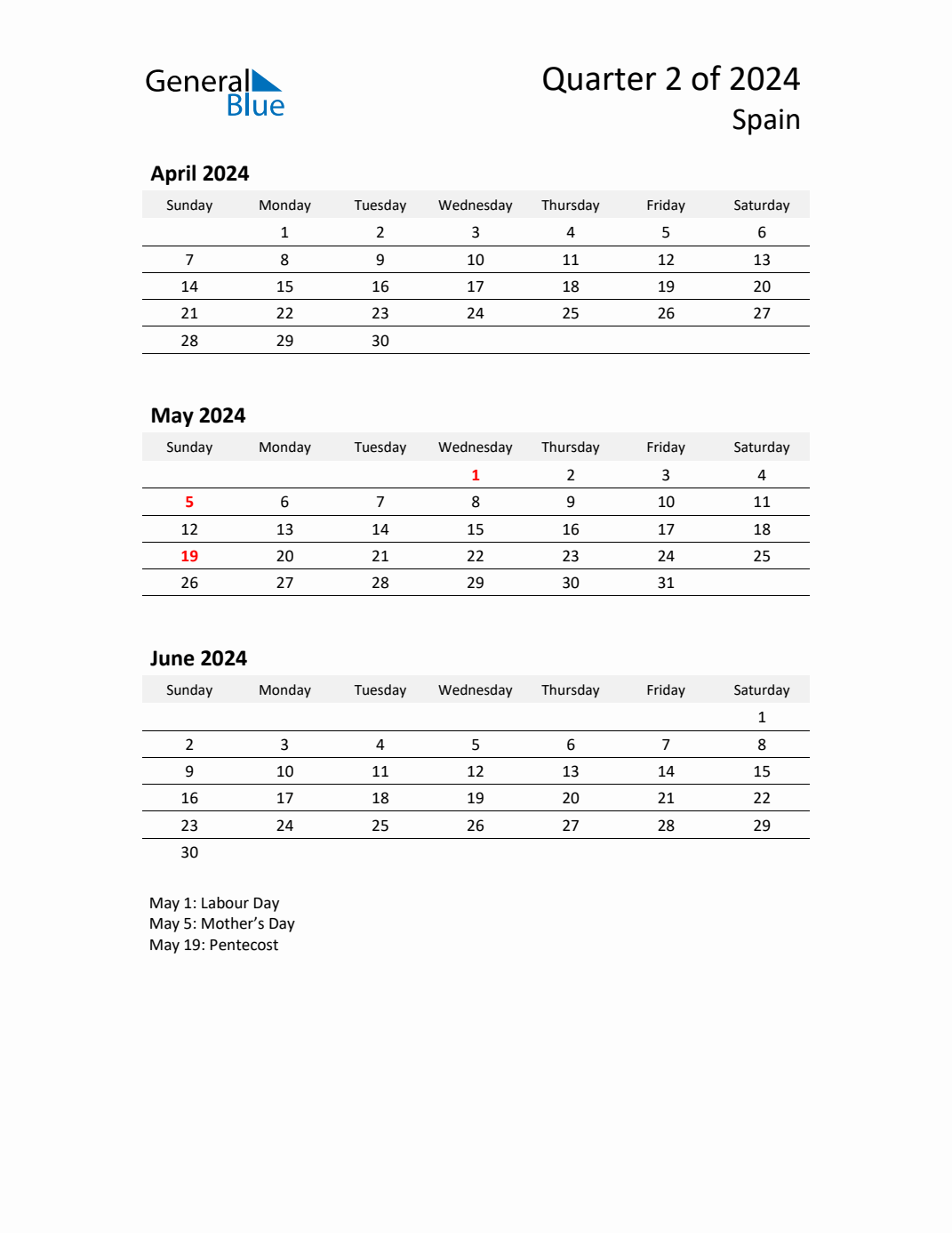 Q2 2024 Quarterly Calendar with Spain Holidays (PDF, Excel, Word)