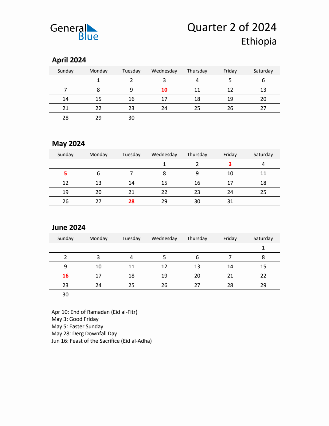 Q2 2024 Quarterly Calendar with Ethiopia Holidays (PDF, Excel, Word)