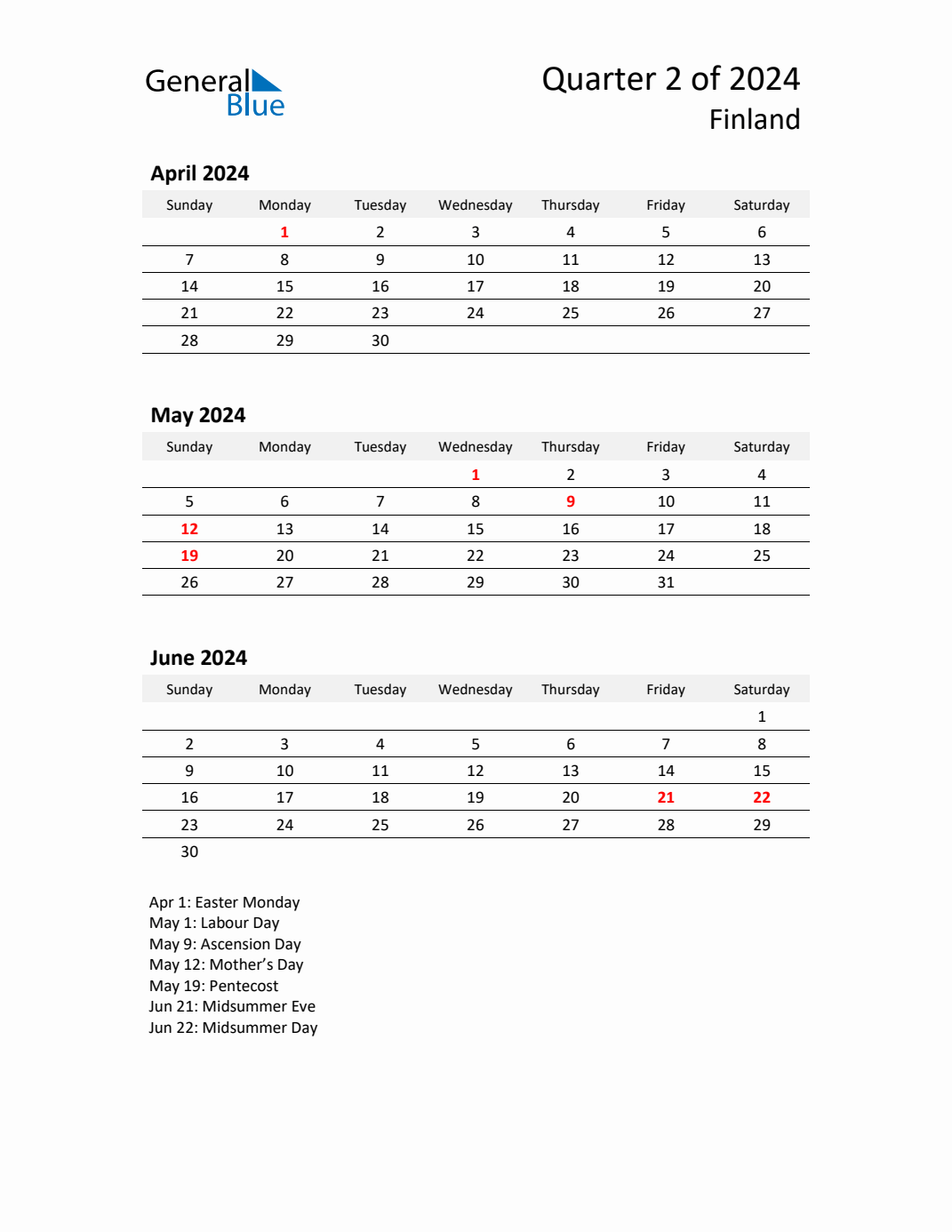 Q2 2024 Quarterly Calendar with Finland Holidays