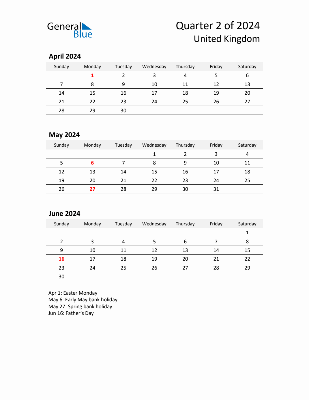 Q2 2024 Quarterly Calendar with United Kingdom Holidays (PDF, Excel, Word)