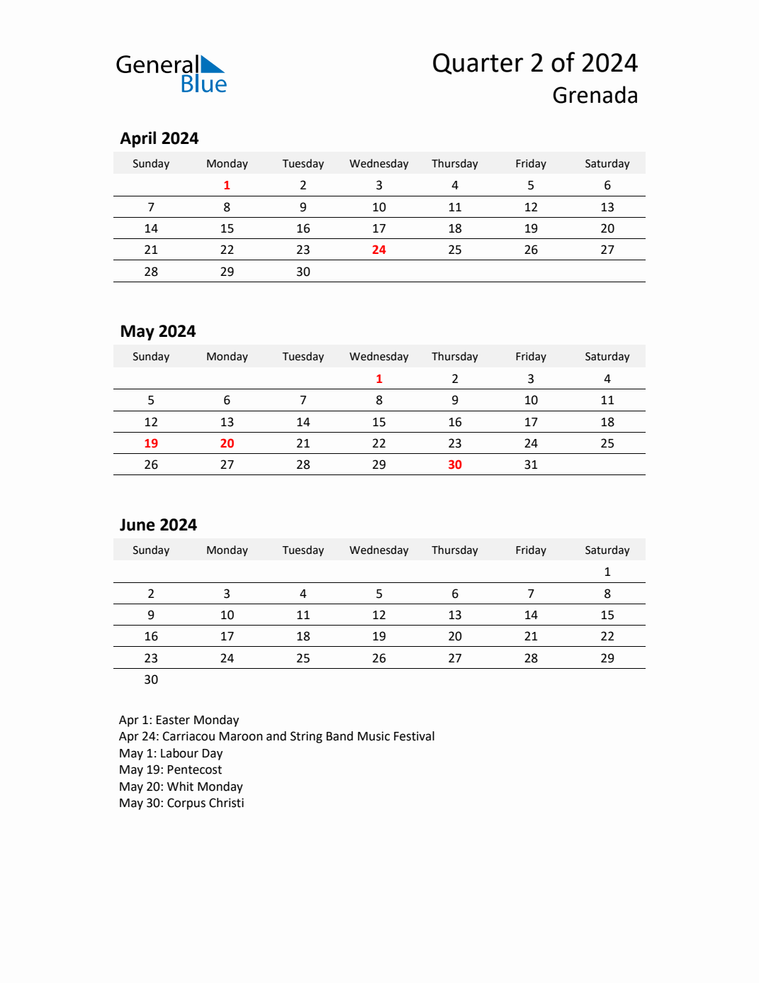 Q2 2024 Quarterly Calendar with Grenada Holidays (PDF, Excel, Word)