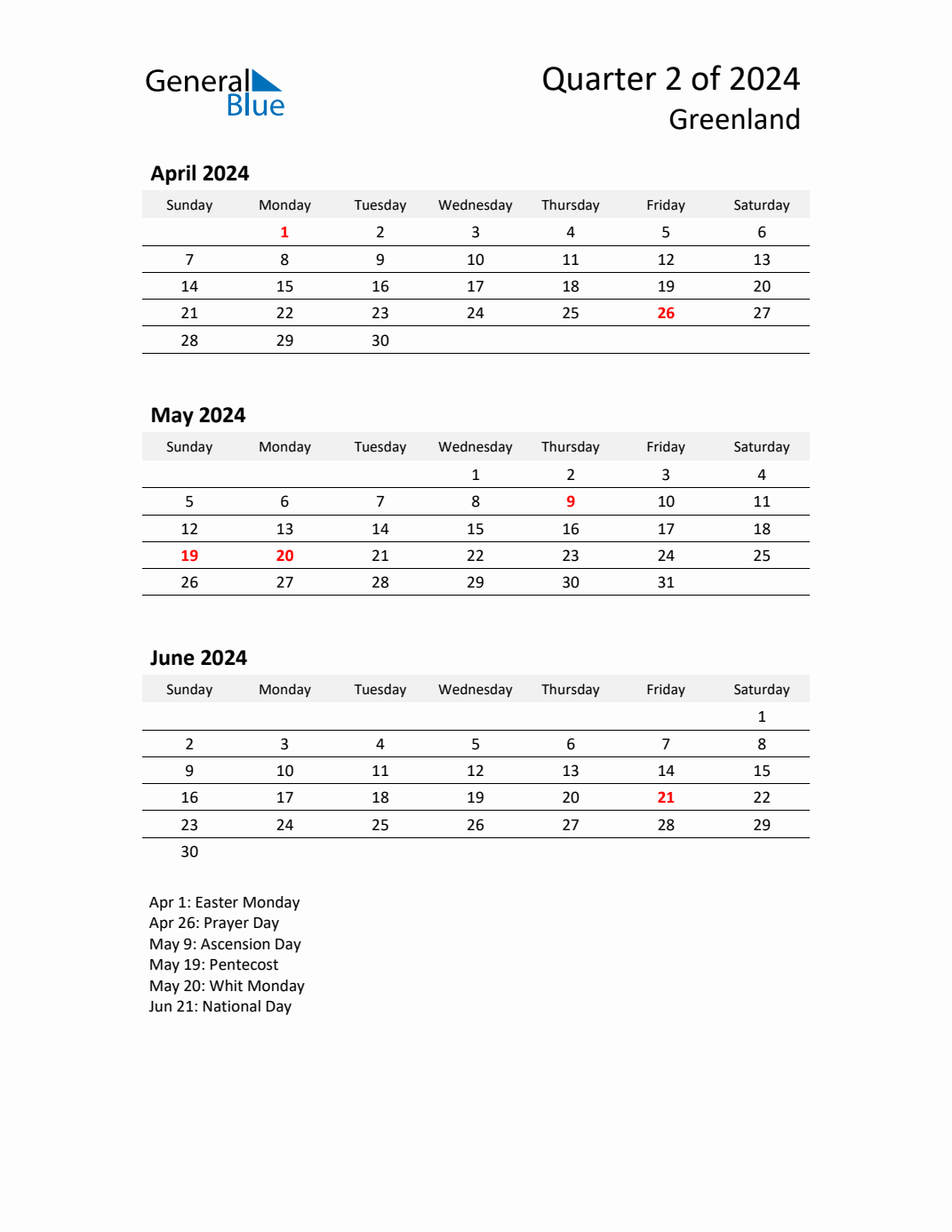 Q2 2024 Quarterly Calendar with Greenland Holidays (PDF, Excel, Word)