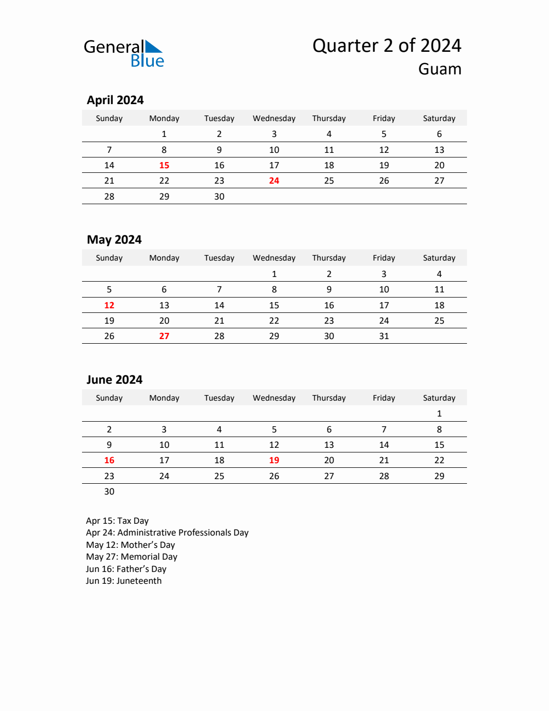 Q2 2024 Quarterly Calendar with Guam Holidays (PDF, Excel, Word)