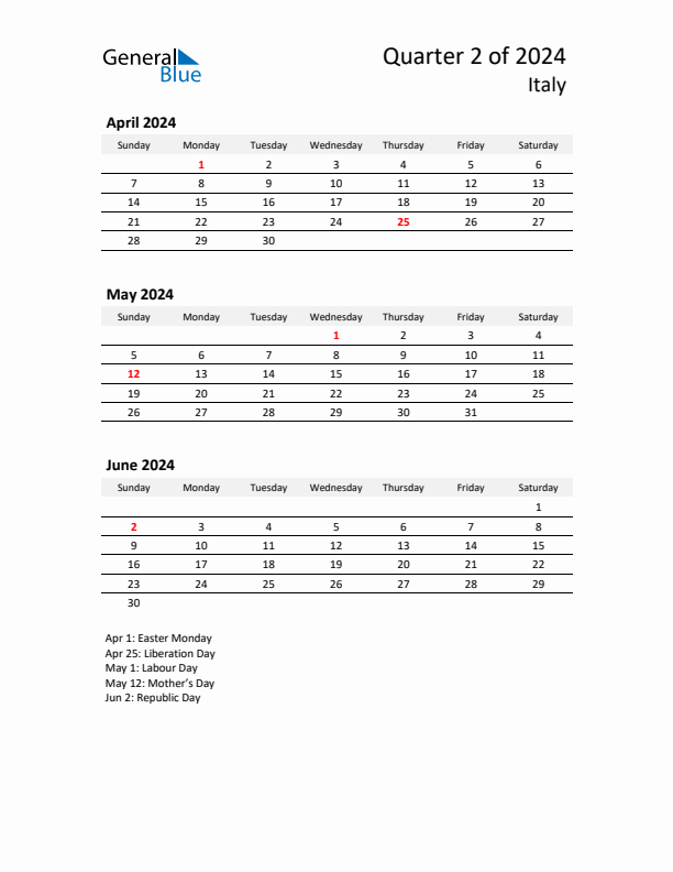 Q2 2024 Quarterly Calendar with Italy Holidays (PDF, Excel, Word)
