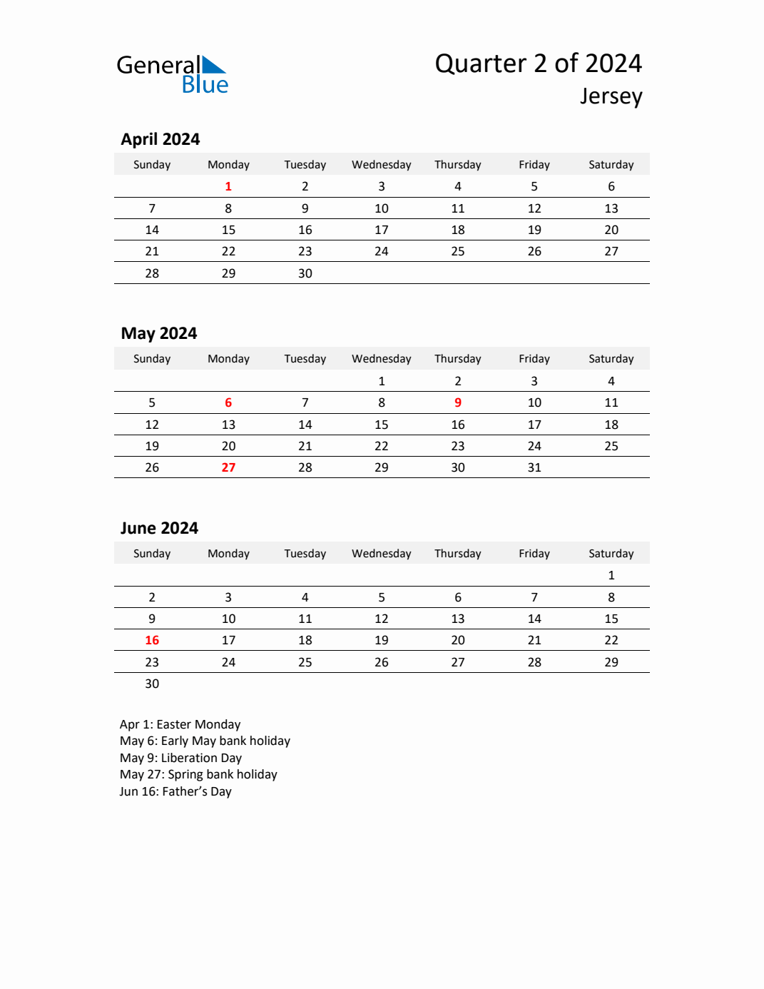 Q2 2024 Quarterly Calendar with Jersey Holidays (PDF, Excel, Word)