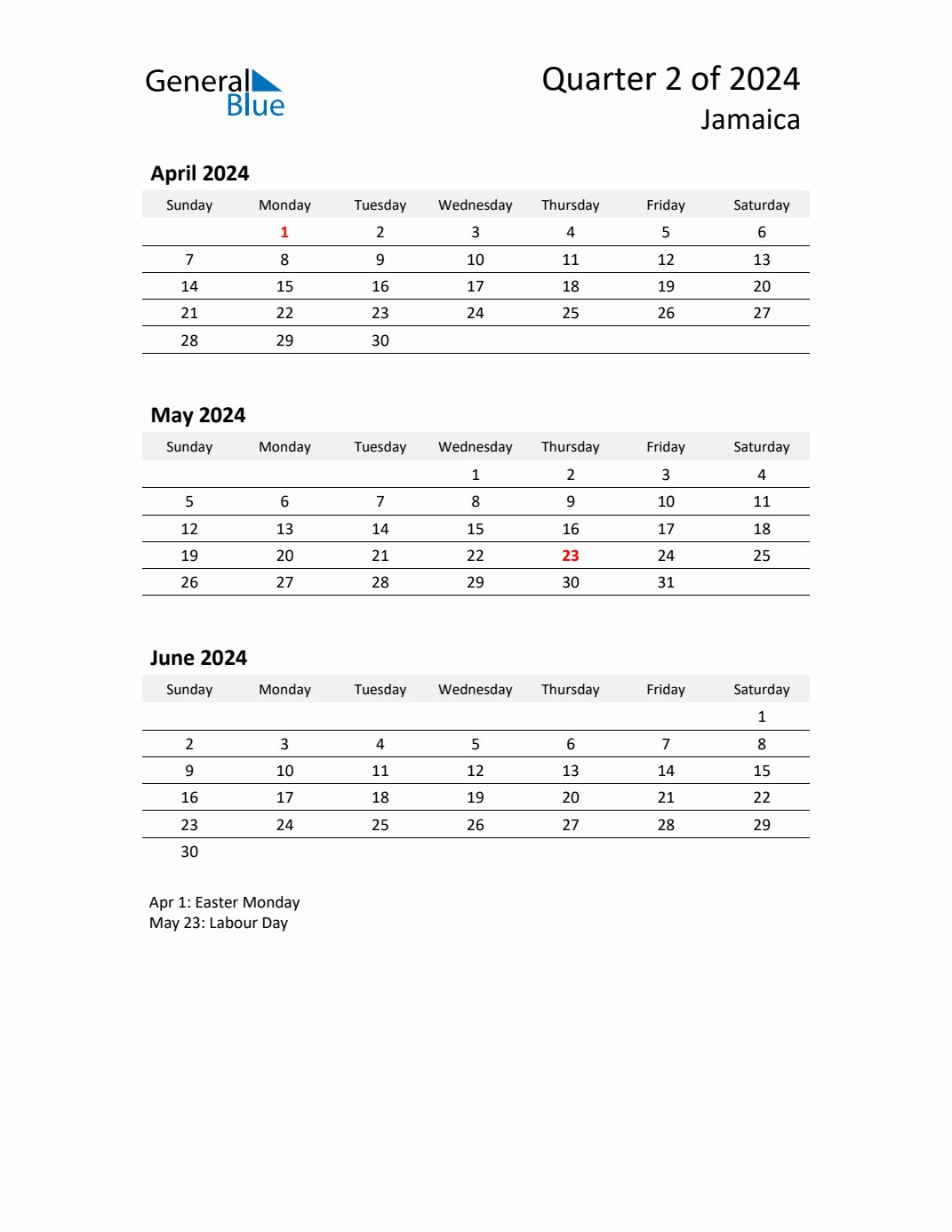 Q2 2024 Quarterly Calendar with Jamaica Holidays (PDF, Excel, Word)