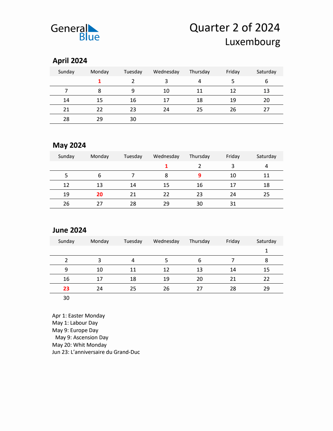 Q2 2024 Quarterly Calendar with Luxembourg Holidays (PDF, Excel, Word)