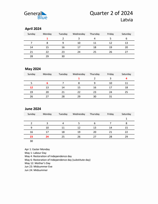 Q2 2024 Quarterly Calendar with Latvia Holidays (PDF, Excel, Word)