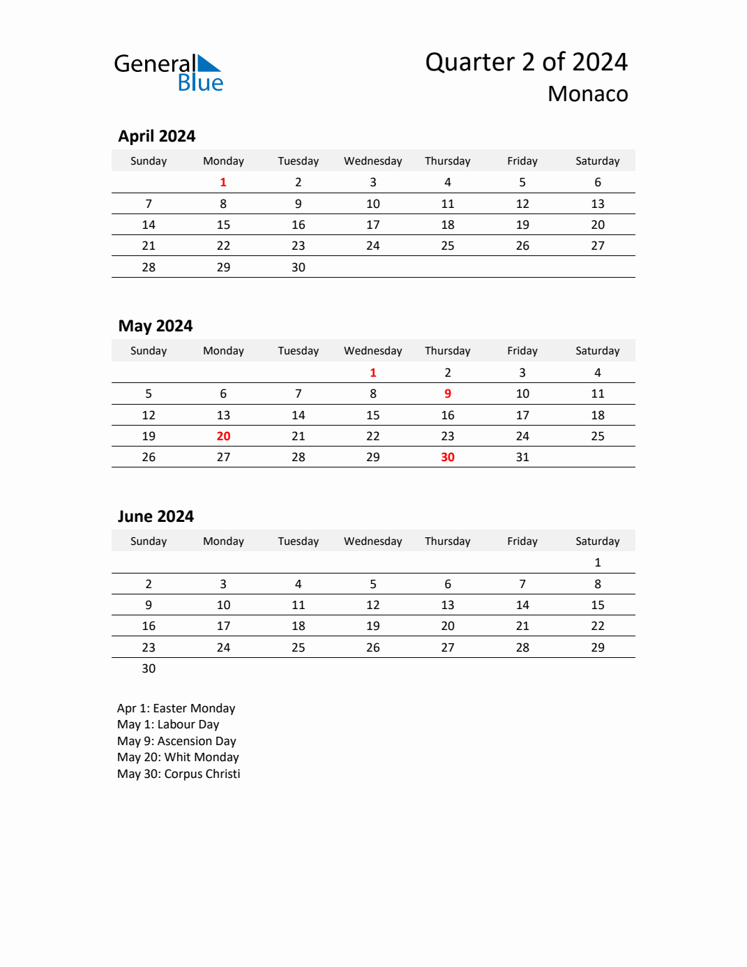 Q2 2024 Quarterly Calendar with Monaco Holidays (PDF, Excel, Word)