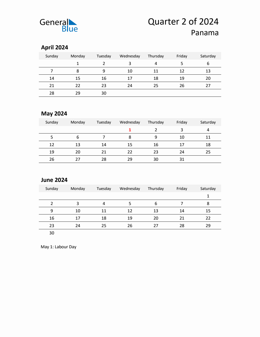 Q2 2024 Quarterly Calendar with Panama Holidays