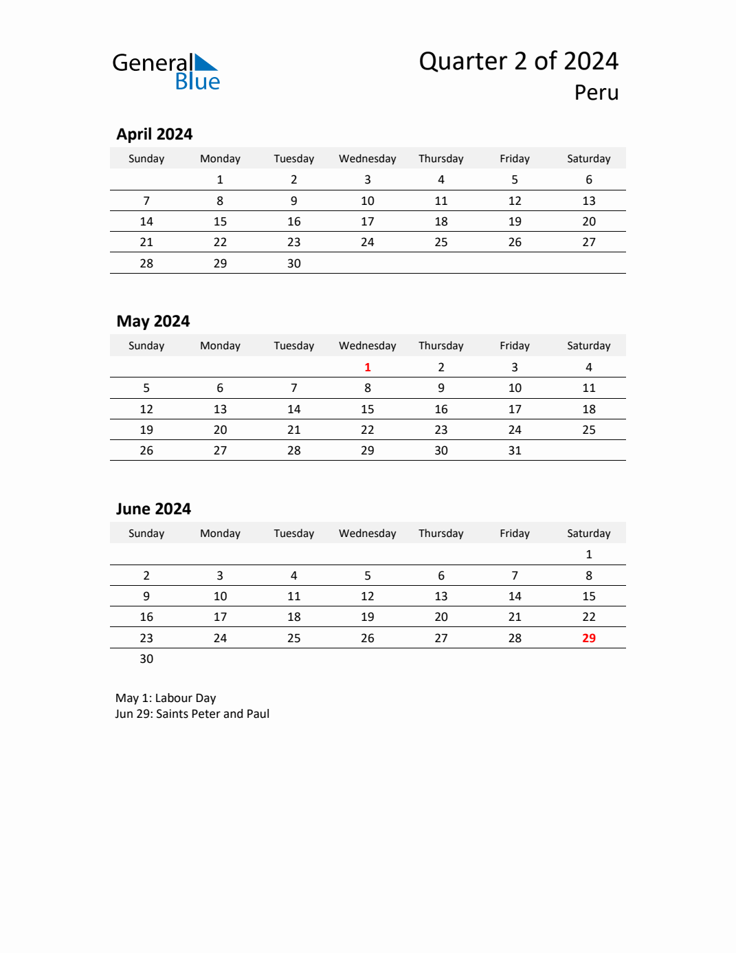 Q2 2024 Quarterly Calendar with Peru Holidays