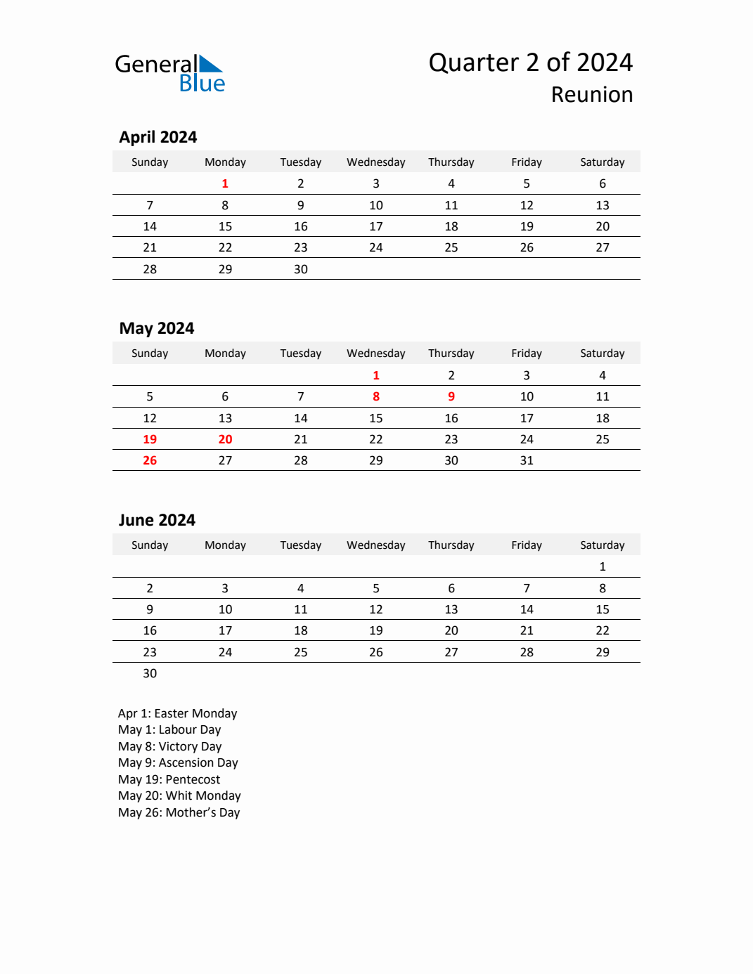 Q2 2024 Quarterly Calendar with Reunion Holidays (PDF, Excel, Word)