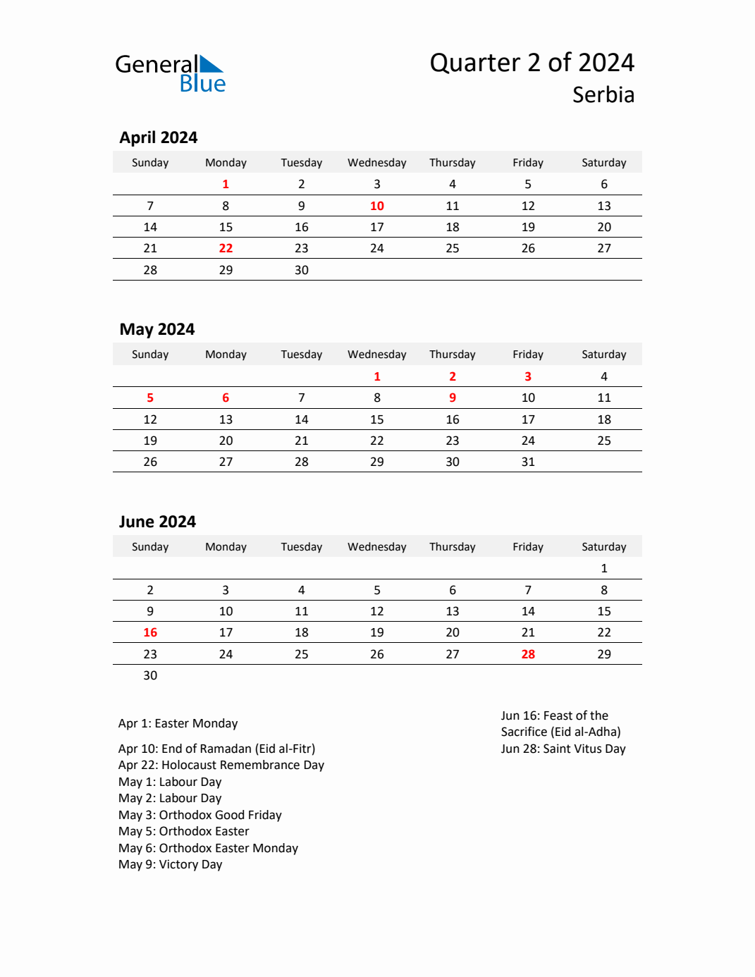 Q2 2024 Quarterly Calendar with Serbia Holidays