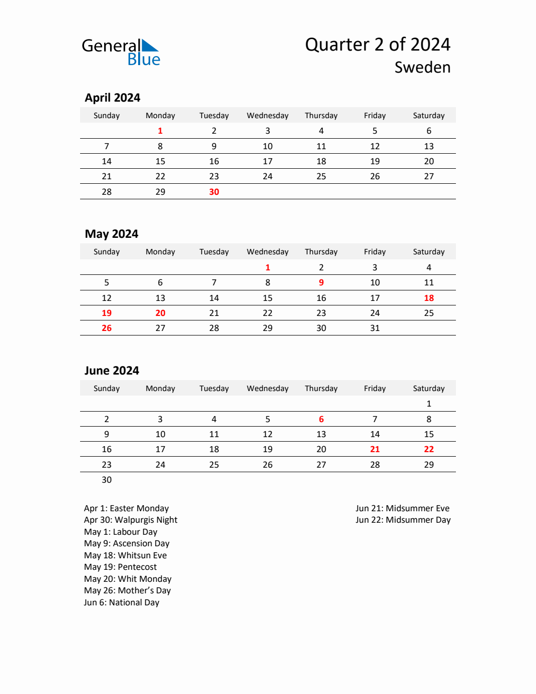 Q2 2024 Quarterly Calendar with Sweden Holidays (PDF, Excel, Word)