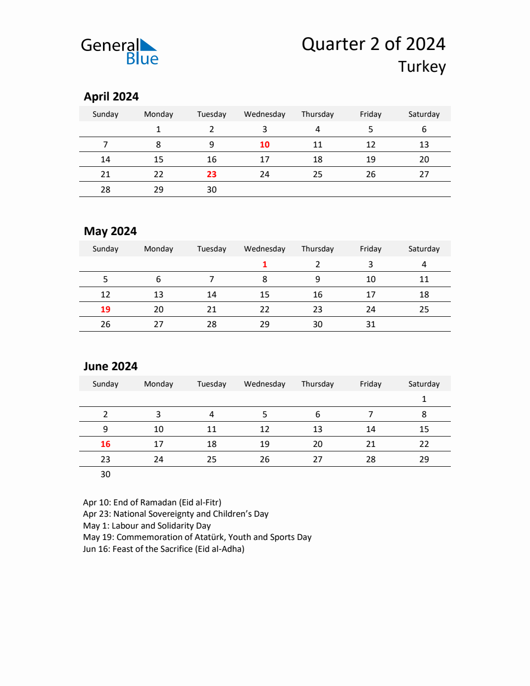 Q2 2024 Quarterly Calendar with Turkey Holidays (PDF, Excel, Word)