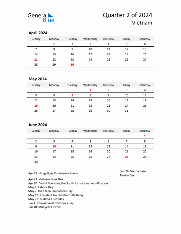 Q2 2024 Quarterly Calendar with Vietnam Holidays (PDF, Excel, Word)