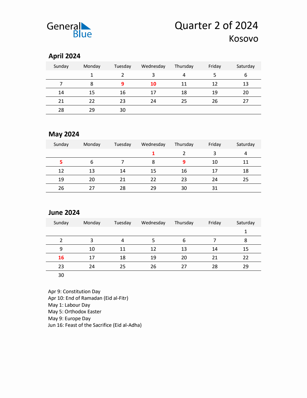 Q2 2024 Quarterly Calendar with Kosovo Holidays
