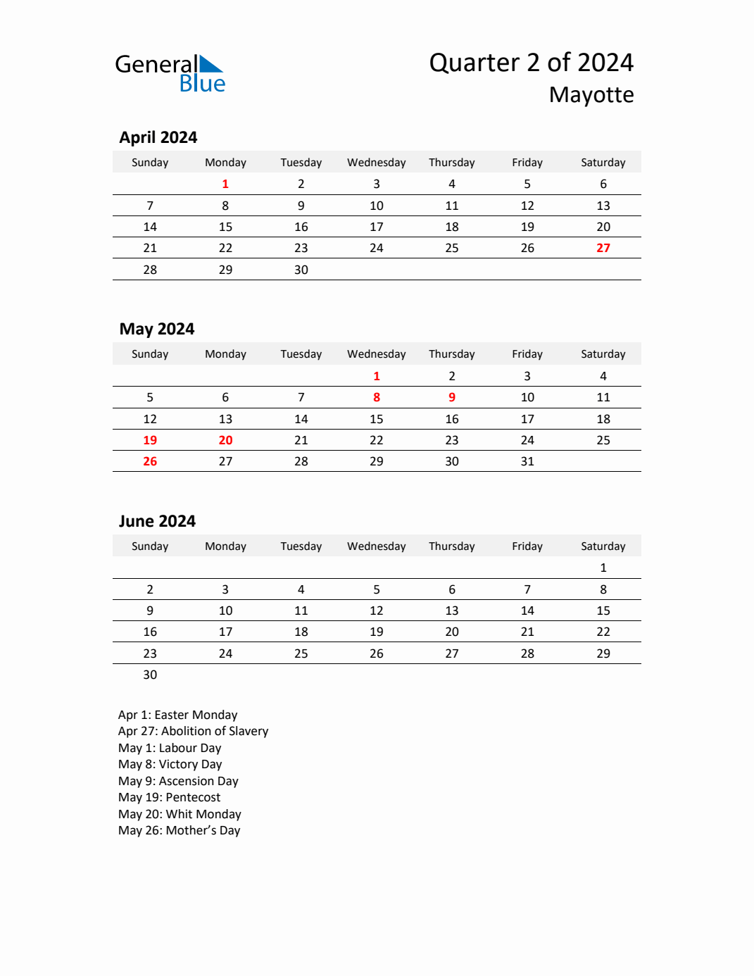Q2 2024 Quarterly Calendar with Mayotte Holidays (PDF, Excel, Word)