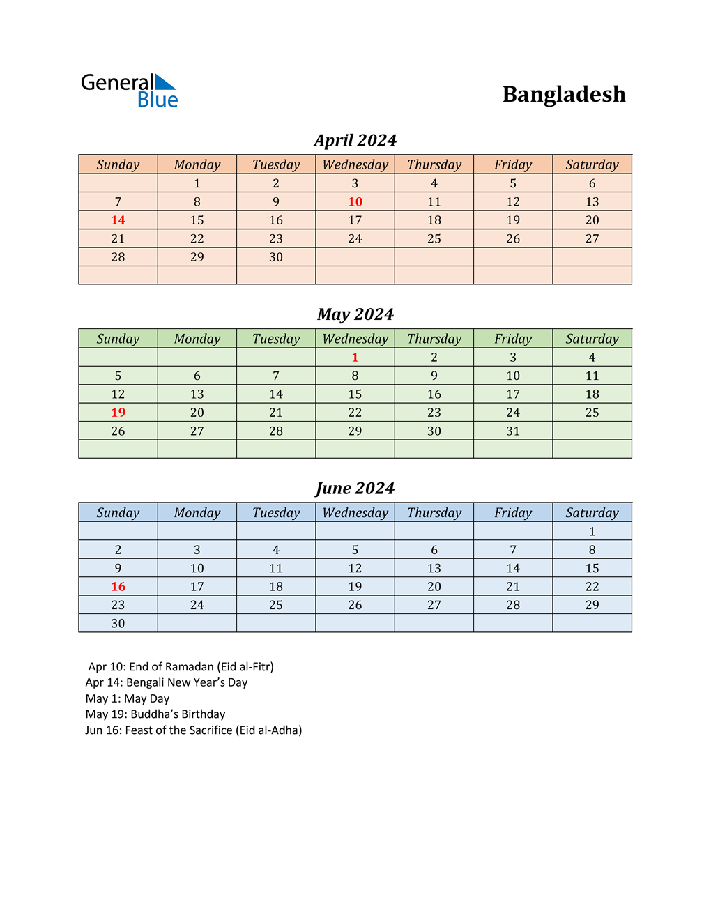 Q2 2024 Quarterly Calendar with Bangladesh Holidays