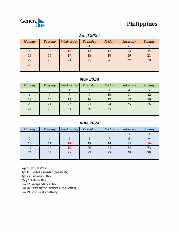 Three Month Calendar For Philippines Q2 Of 2024