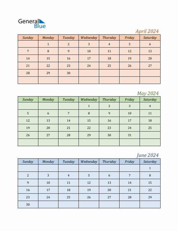 Three-Month Calendar for Year 2024 (April, May, and June)