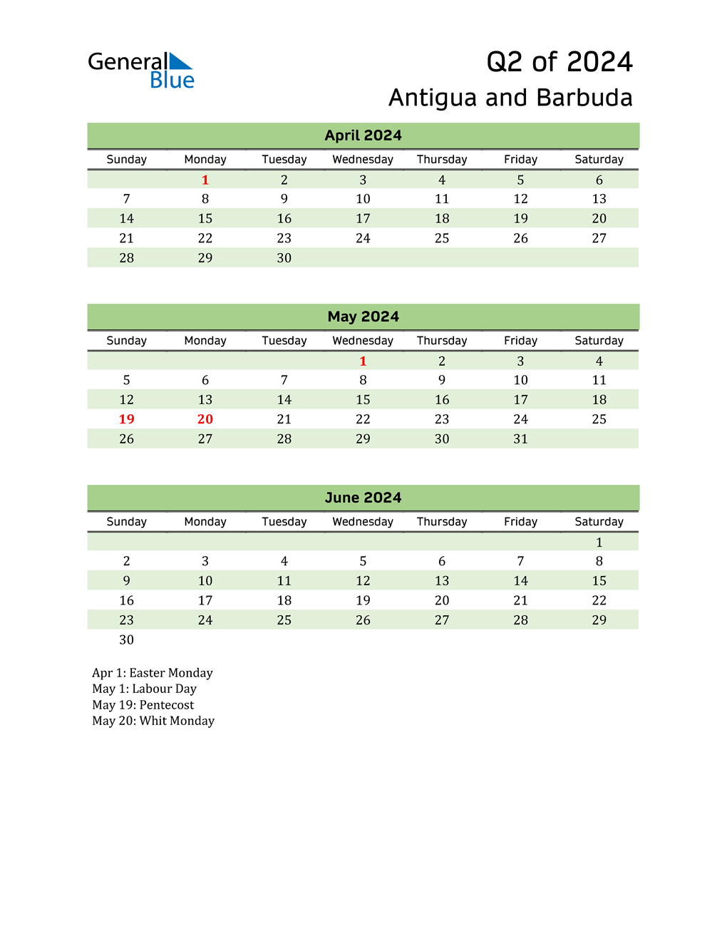  Quarterly Calendar 2024 with Antigua and Barbuda Holidays 