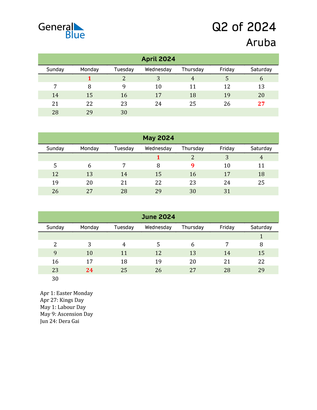  Quarterly Calendar 2024 with Aruba Holidays 