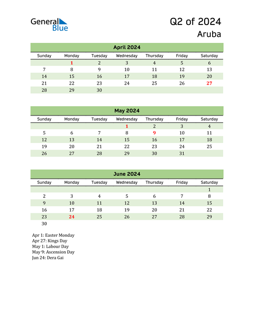  Quarterly Calendar 2024 with Aruba Holidays 