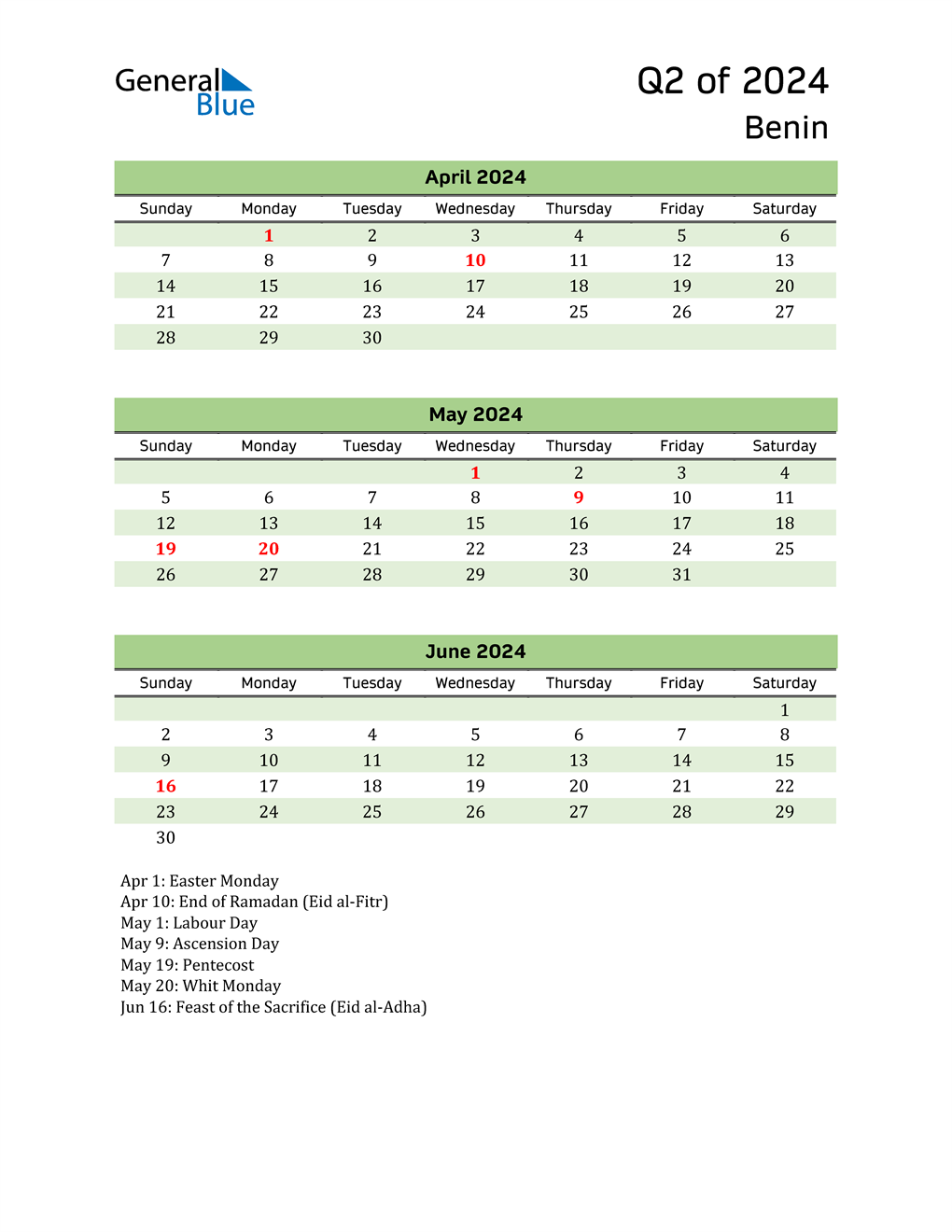  Quarterly Calendar 2024 with Benin Holidays 