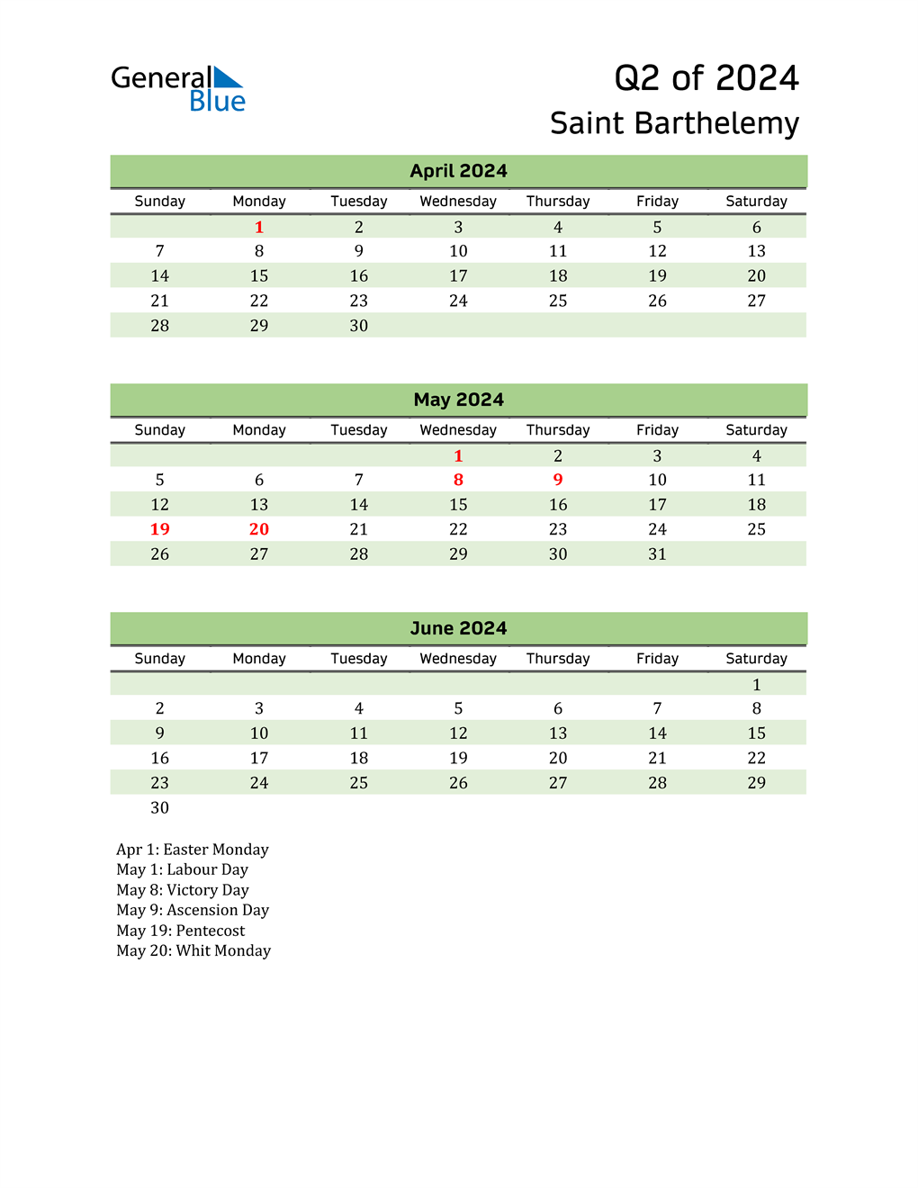  Quarterly Calendar 2024 with Saint Barthelemy Holidays 
