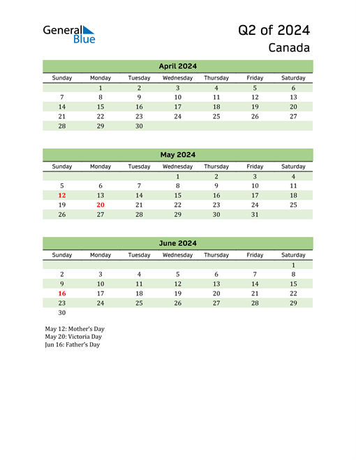  Quarterly Calendar 2024 with Canada Holidays 